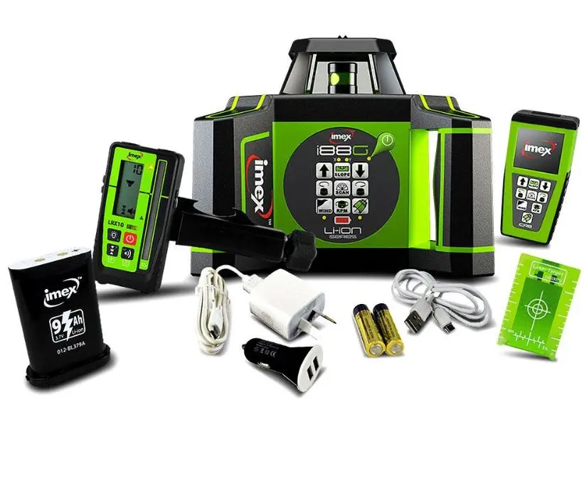 Imex I88g 3.7V 9.0Ah Li-Ion Cordless Green Beam Rotating Laser Kit 012-I88g 1