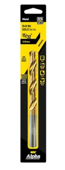 Alpha 15/32In (11.91Mm) Jobber Drill Bit Carded Gold Series C9li1532 1