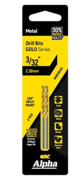 Alpha 3/32In (2.38Mm) Jobber Drill Bit Carded 2Pk Gold Series C9li332 1