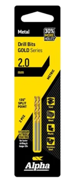 Alpha 2.Mm Jobber Drill Bit Carded 2Pk Gold Series C9lm020 1