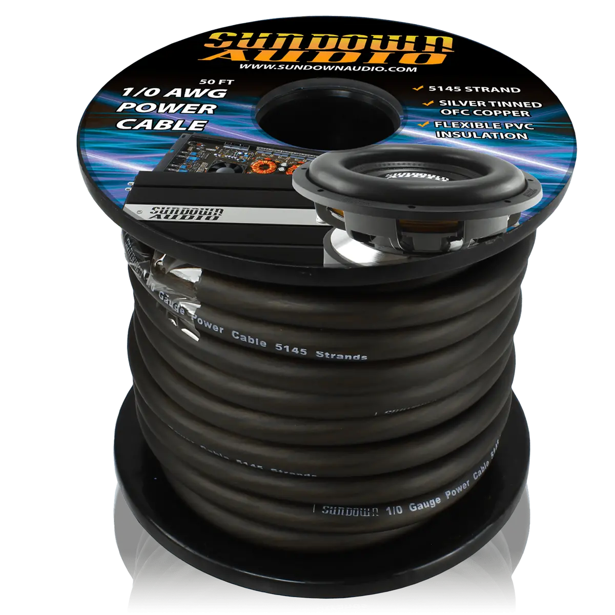 Sundown Audio 1/0 Black 50' Tinned Ofc Oxygen Free Copper Power Cable 1