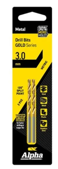 Alpha 3.0Mm Jobber Drill Bit Carded 2Pk Gold Series C9lm030 1