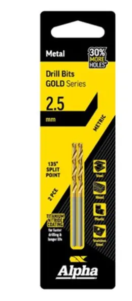 Alpha 2.5Mm Jobber Drill Bit Carded 2Pk  Gold Series C9lm025 1