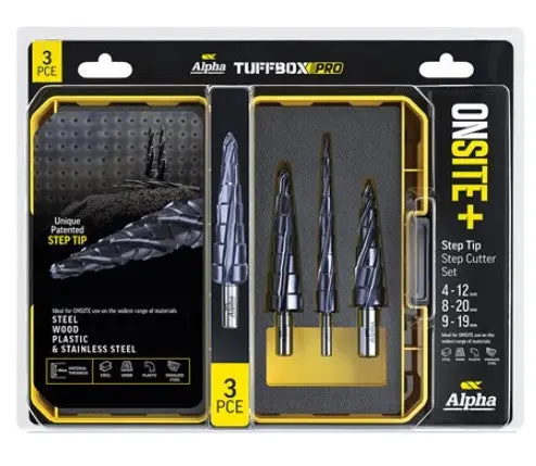 Alpha 3 Piece Onsite Plus Step Cutter Tuffbox Pro Set  Bonus Lubricant Sm3stdsd-B 1