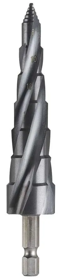 Bordo Step Tip Step Drill 10Mm Deep Cut 8-20Mm X 2Mm Hss-Co5 (Cobalt) Tialn Coated 1/4" Hex Shank 2612-Md2 1