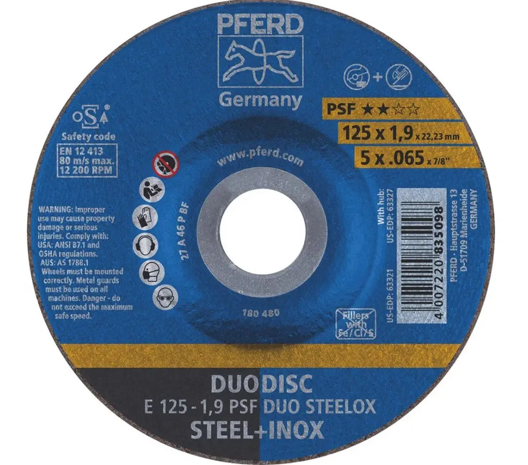 Pferd Duodisc Dual Purpose 125 X 1.9 X 22.23Mm Inox/Steel Cut-Off & Grind Wheel 62012630 1