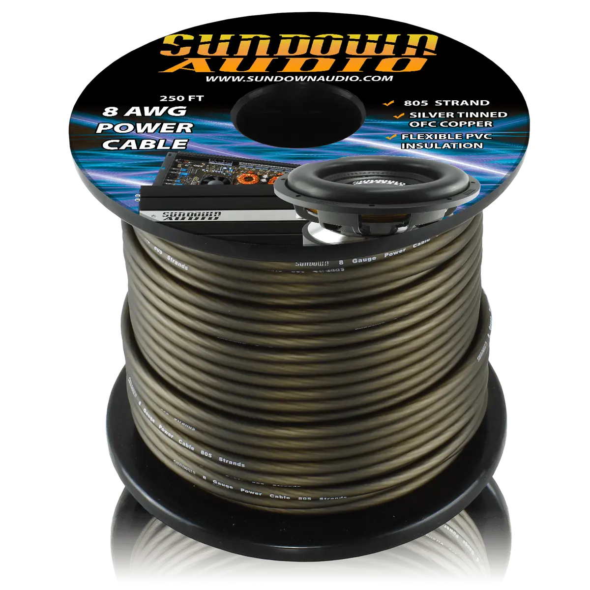 Sundown Audio 8 Gauge Black 250' Tinned Ofc Oxygen Free Copper Power Cable 1