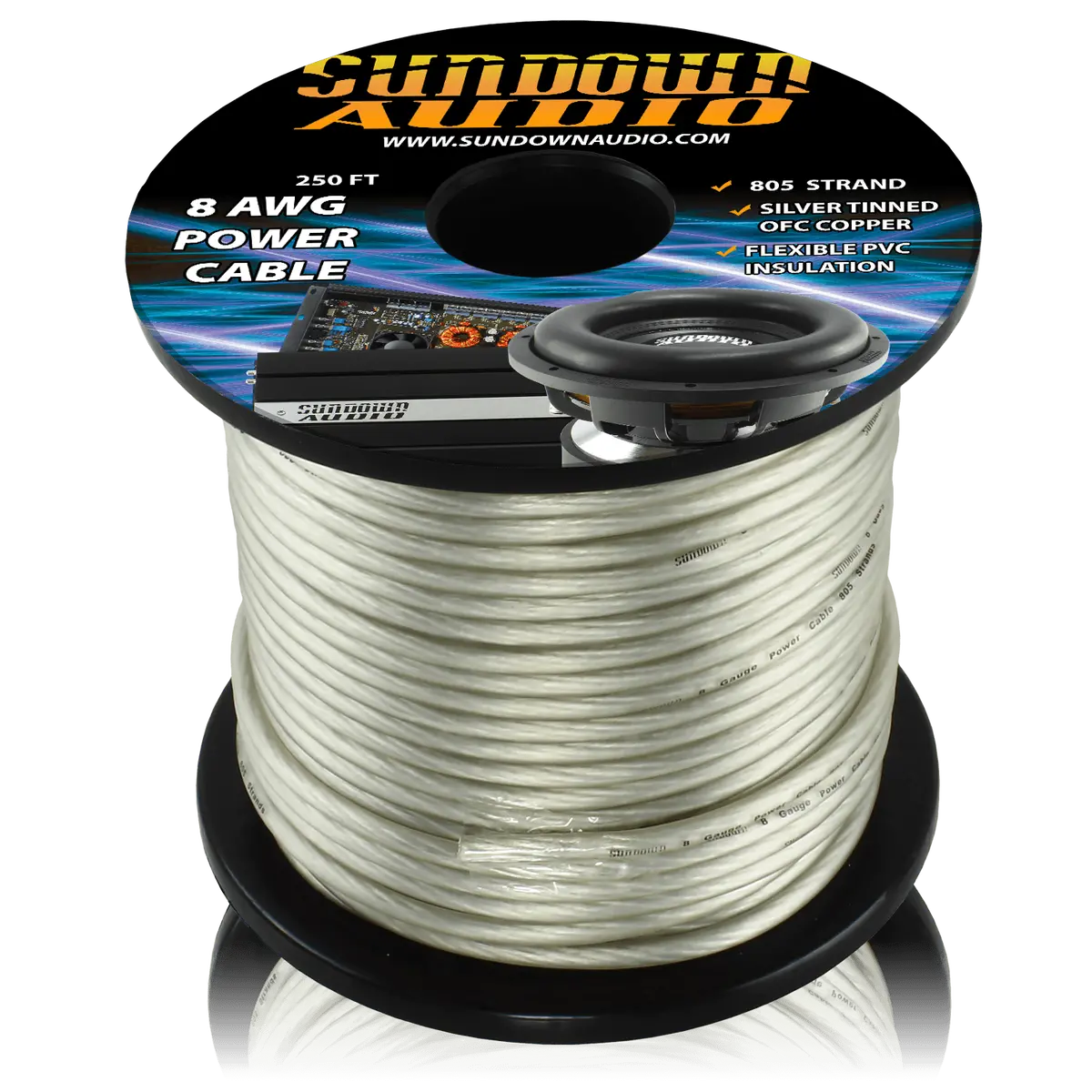 Sundown Audio 8 Gauge Silver 250' Tinned Ofc Oxygen Free Copper Power Cable 1
