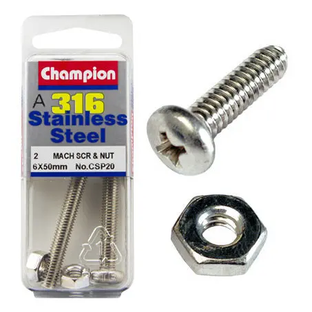 Champion Machine Screws And Nuts Pan Head S/S 6Mm X 50Mm  Csp20 1