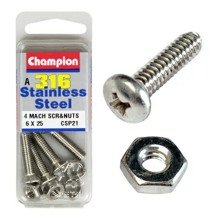 Champion Machine Screws S/S Screws And Nuts 6Mm X 25Mm & 6X1.00Mm 316  Csp21 1