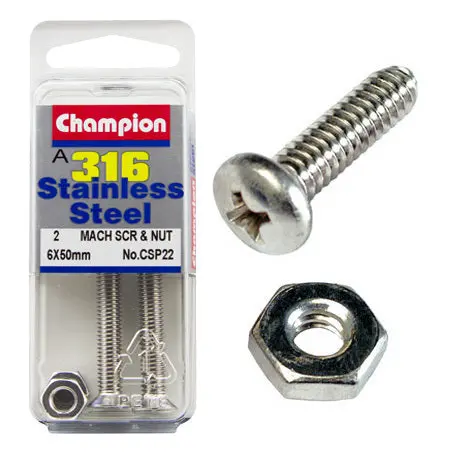 Champion Machine Screws And Nuts Csk S/S  6Mm X 50Mm & 6 X 1.00Mm 316/A4  Csp22 1