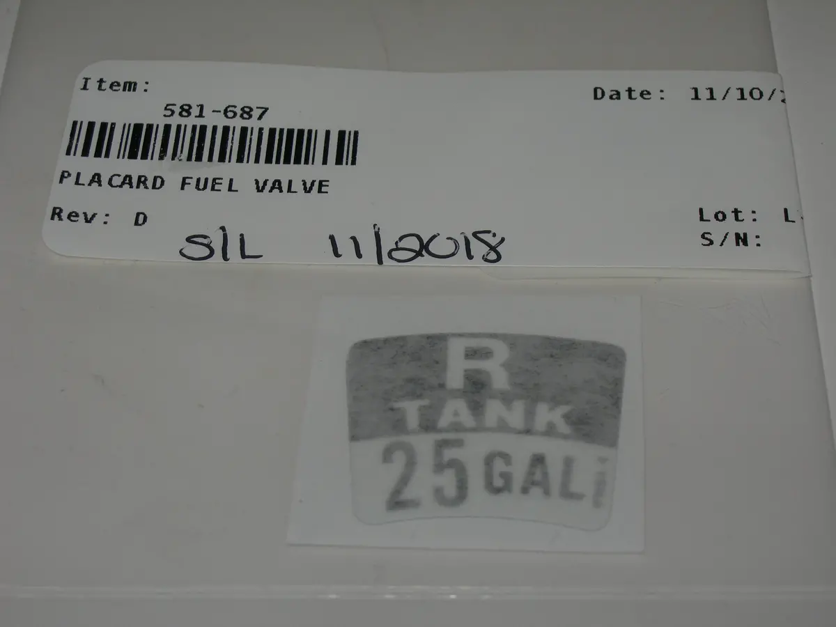 Placard, Fuel Tank Selector - Right Tank - 25 Gallon 1