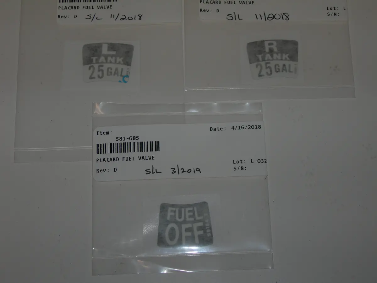 Airward Piper Pa28 Fuel Tank Selector Placards - Kit A 1