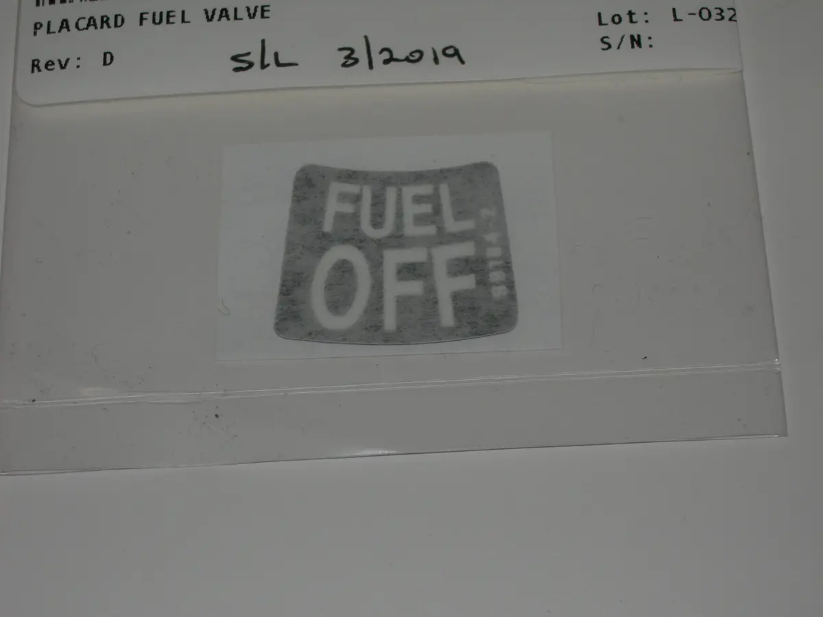 Placard, Fuel Selector Valve - Fuel Off 1