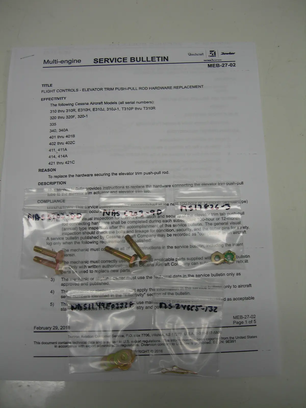 Kit - Airward Twin Cessna Elevator Trim Tab Control Hardware Replacement 1