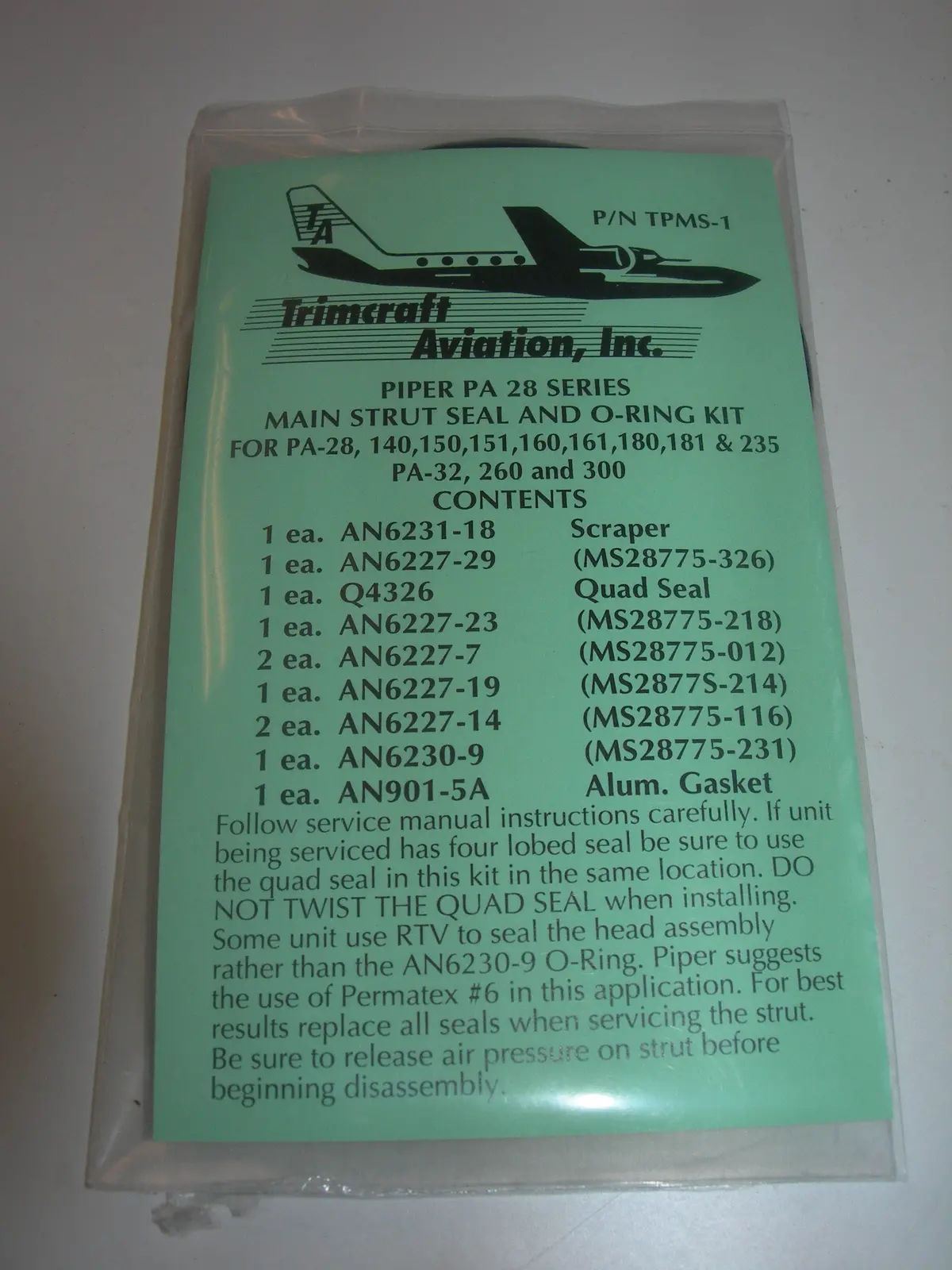 Kit, Strut Seal - Main - Pa28/32 - Trimcraft 1