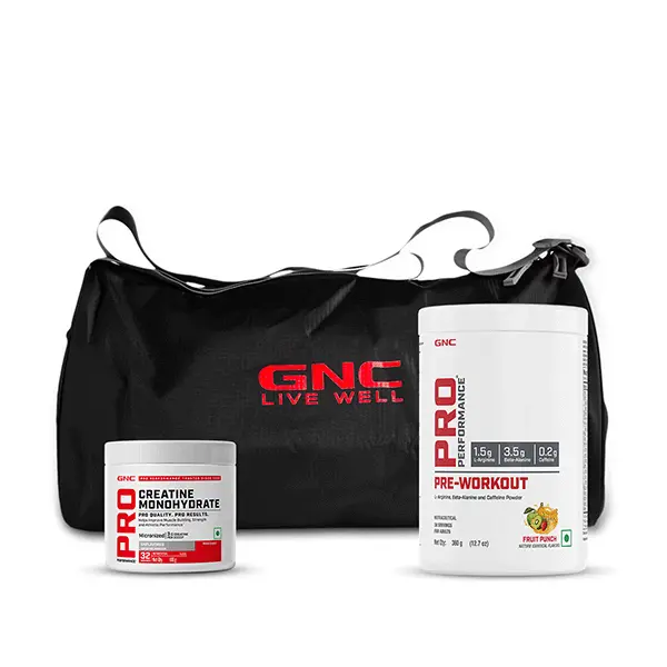 Creatine Unflavoured 100G + Preworkout Fruit Punch + Gym Bag 1