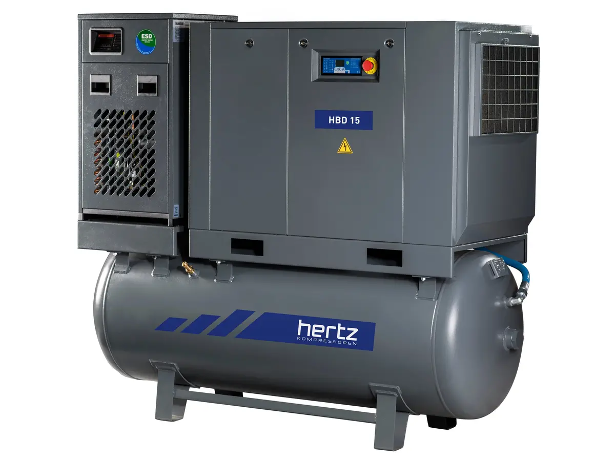 Hertz Kompressoren Hbd11 Tmd - 15Hp Belt Driven Rotary Screw Air Compressor, 120 Gallon Air Receiver, Refrigerated Air Dryer, 63 Cfm @ 125 Psi 1