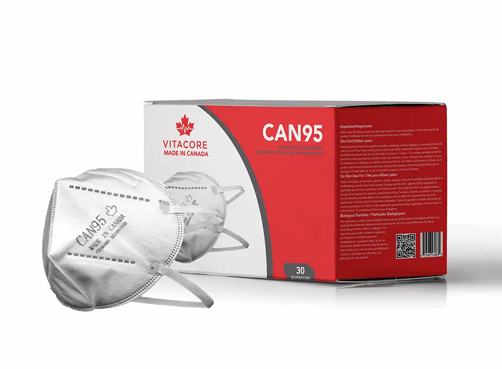 Canadian Made Premium Respirator - Can95 - Health Canada Approved - Particulate Healthcare Respirator - 3M 1860, N95 Alternative - Headband - (Box Of 30 Masks) Vitacore 1