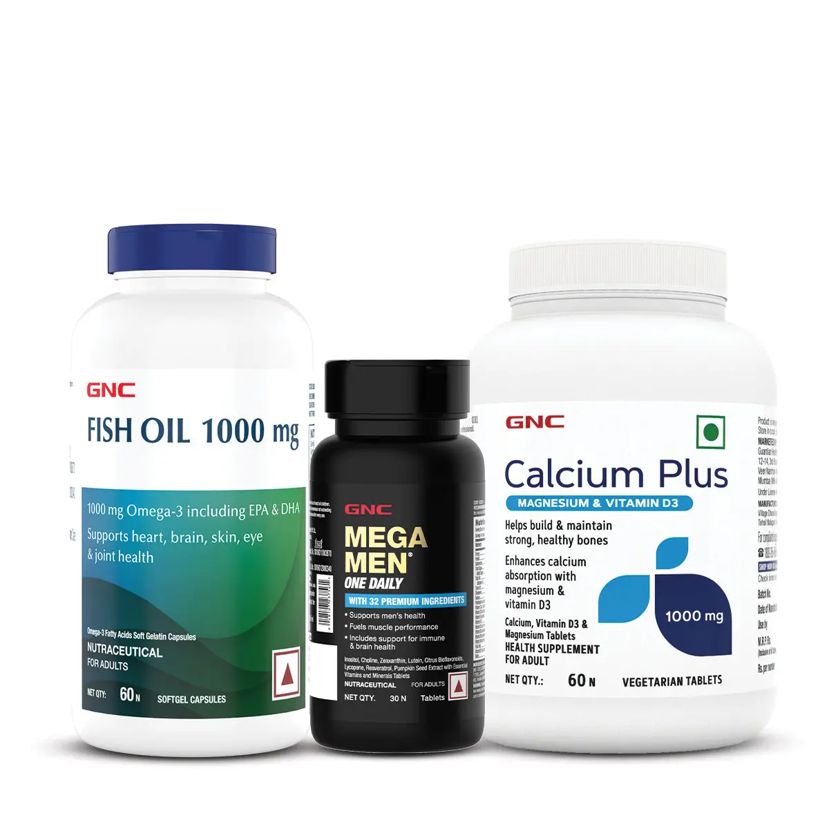 Gnc Calcium Plus With Magnesium & Vitamin D3 + Mega Men One Daily Multivitamin For Men +  Fish Body Oil For Men & Women 1