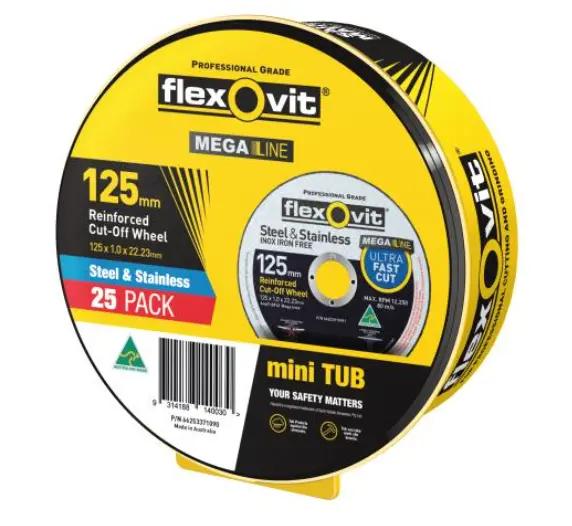 Flexovit Megaline Steel & Stainless Pk 25 Right Angle Cut-Off Wheel 125Mmx 1.0 X 22.2 Type 41  66253371090 1