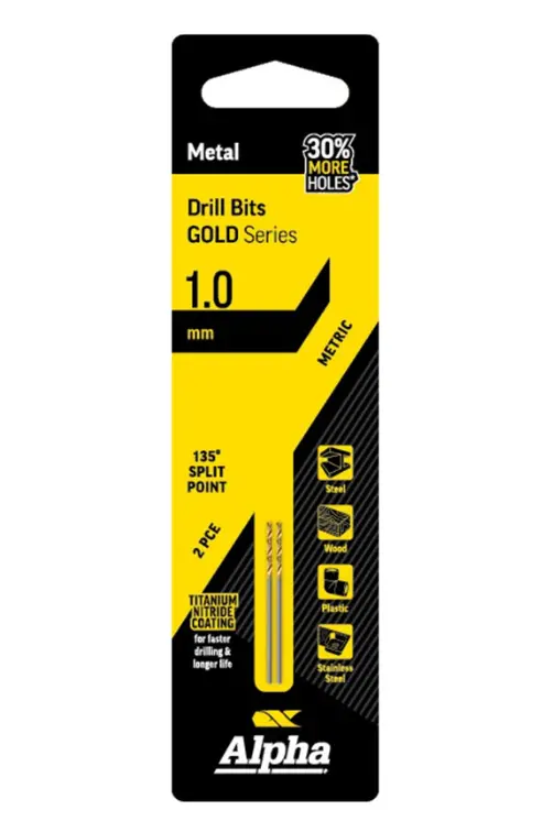 Alpha 1.0Mm Jobber Drill Bit Carded 2Pk Gold Series C9lm010 1