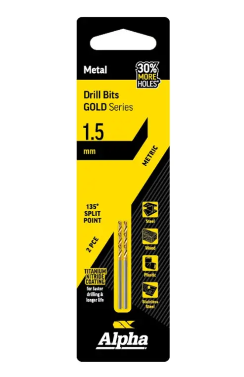 Alpha 1.5Mm Jobber Drill Bit Carded 2Pk Gold Series C9lm015 1