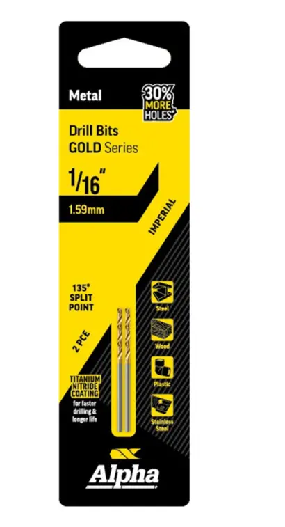 Alpha 1/16In (1.59Mm) Jobber Drill Bit Carded 2Pk Gold Series C9li116 1