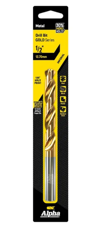 Alpha 1/2In (12.70Mm) Jobber Drill Bit Carded  Gold Series C9li12 1