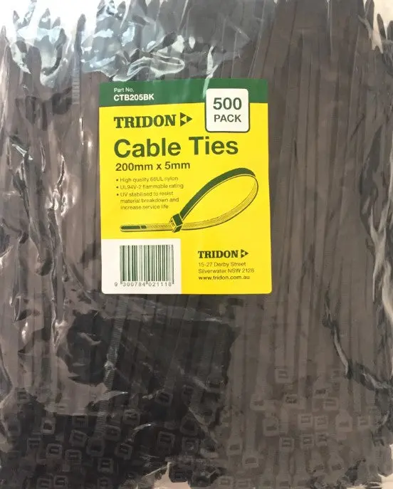 Tridon Black Cable Ties 200Mm X 5Mm Pk 500 Ctb205bk 1