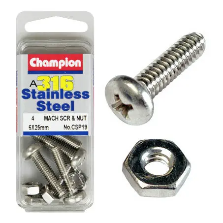 Champion  Machine Screws And Nuts Pan Head S/S  6Mm X 25Mm  Csp19 1