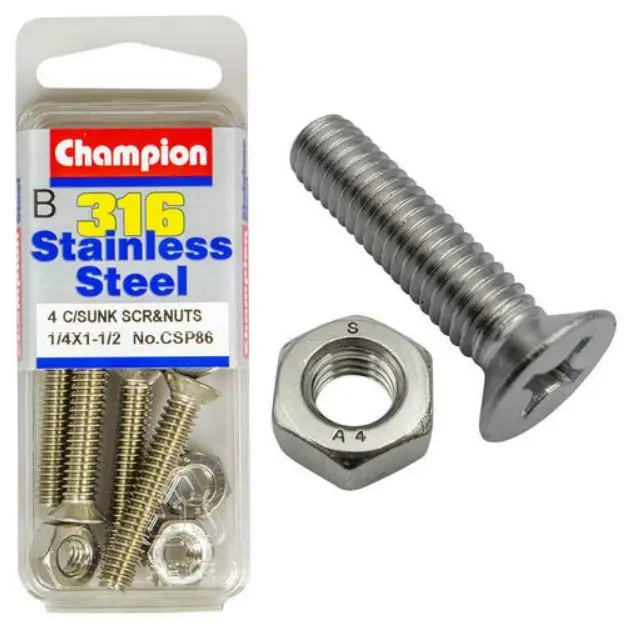 Champion Machine Screws And Nuts 1/4“ X 1-1/2 “ 316 / A4 Csp86 1