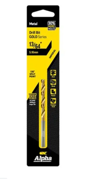 Alpha 13/64In (5.16Mm) Jobber Drill Bit Carded- Gold Series C9li1364 1