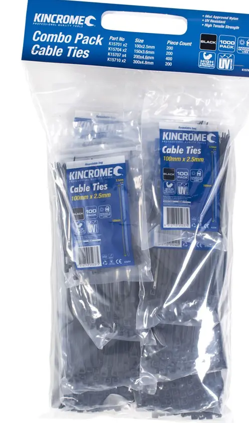 Kincrome Black Cable Tie Combo Pack 1000 Piece K15780 1