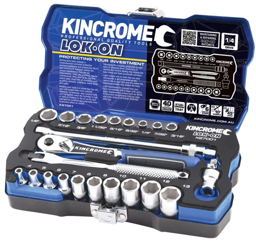 Kincrome Lok-On Socket Set 24 Piece 1/4" Drive Metric & Imperial K27001 1