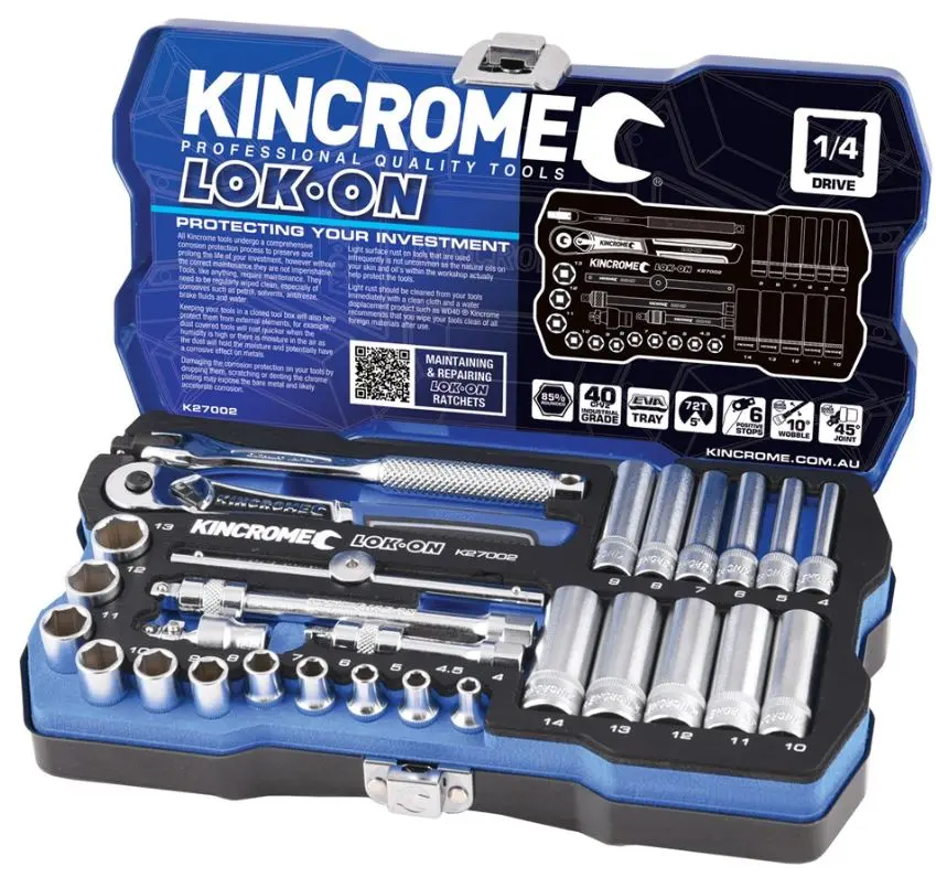 Kincrome Lok-On Socket Set 28 Piece 1/4" Drive Metric K27002 1