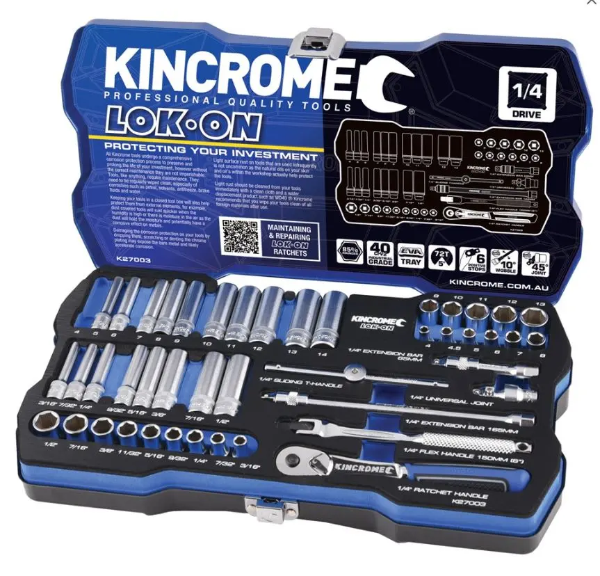 Kincrome Lok-On™ Socket Set 45 Piece 1/4" Drive - Metric & Imperial K27003 1