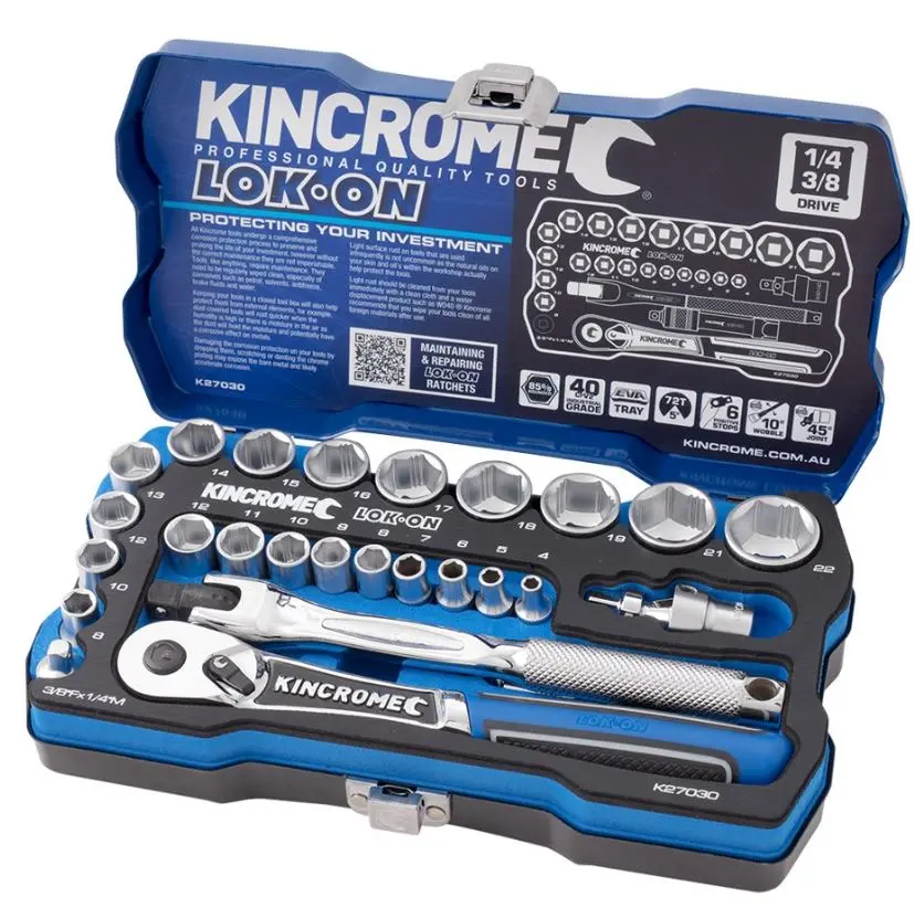 Kincrome Lok-On™ Socket Set 26 Piece 1/4” & 3/8” Drive – Metric K27030 1