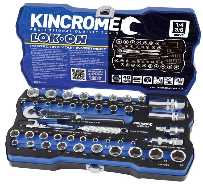 Kincrome Lok-On Socket Set 44 Piece 1/4" & 3/8" Drive Metric & Imperial K27031 1