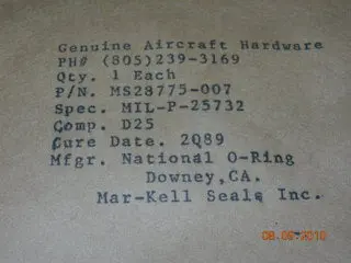 O-Ring, Hydraulic - 1/16" Width - 5/32" Id - 9/32" Od 1