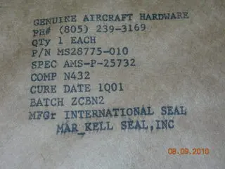 O-Ring, Hydraulic - 1/16" Width - 1/4" Id - 3/8" Od 1