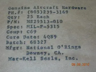 O-Ring, Fuel - 1/16" Width - 1/4" Id - 3/8" Od 1