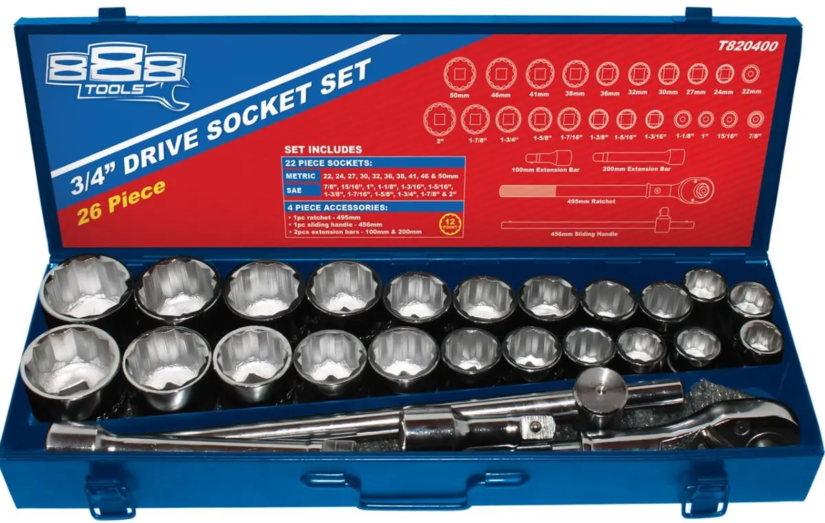 Sp Tools 3/4"Dr Socket Set - 12Pt Metric/Sae 888 Series 26Pc T820400 1