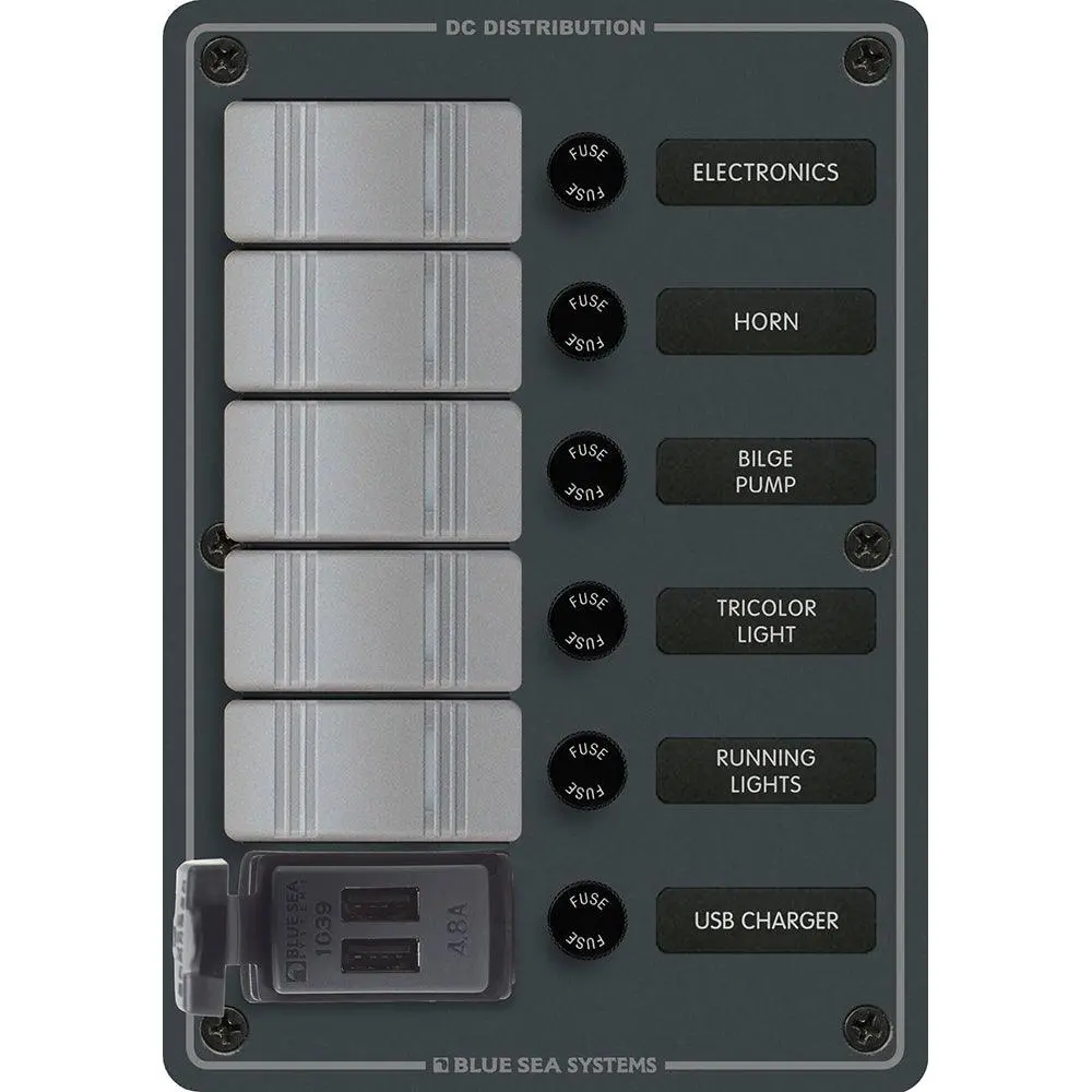 Blue Sea 8121 - 5 Position Contura Switch Panel W/Dual Usb Chargers - 12/24V Dc - Black [8121] 1