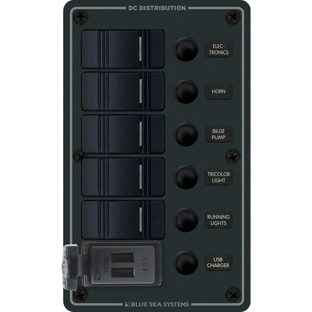 Blue Sea 8521 - 5 Position Contura Switch Panel W/Dual Usb Chargers - 12/24V Dc - Black [8521] 1